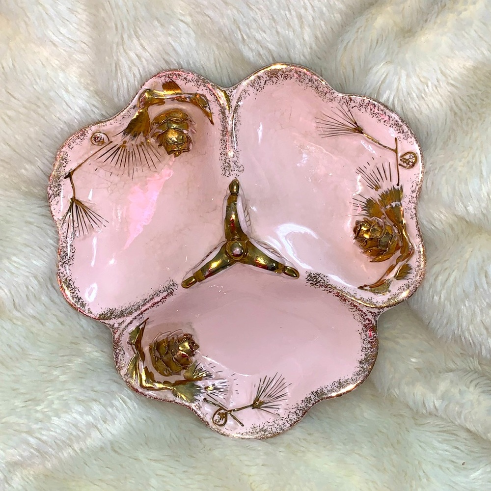 Pink and gold vintage ornate candy dish bowl pine cones